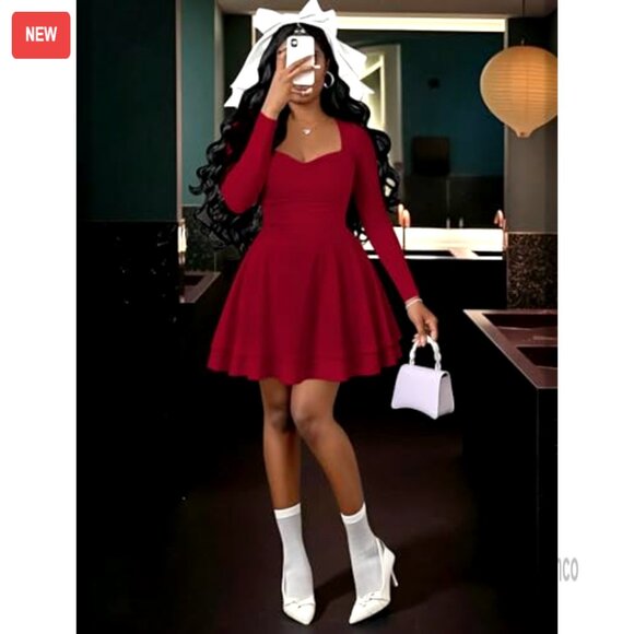 Long Sleeve Mini Dress Ruched Corset Waist Tiered Ruffle Hem A-Line Party - Picture 3 of 7